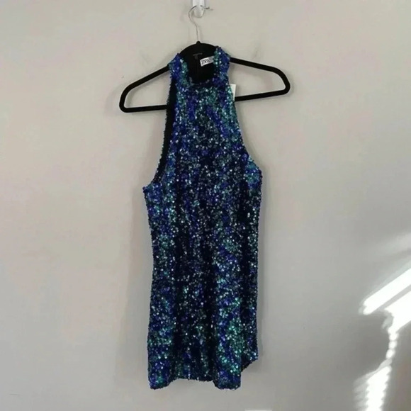 ZARA MULTICOLOR SEQUINED HALTER NECK DRESS medium 9205/102 - Picture 7 of 12